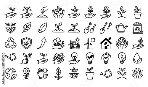 Hand Holding Plant Growth Ecology Sustainability Thin Line Vector Icon Set