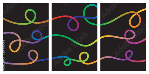 Set of abstract gradient line flyer vector templates with colorful loop waves on dark vertical banner backgrounds.