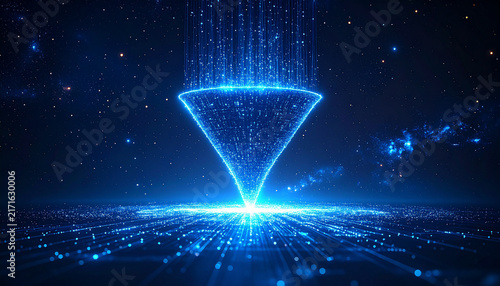 Giant glowing funnel with luminous data cubes pouring in and thin stream leaving below generative AI