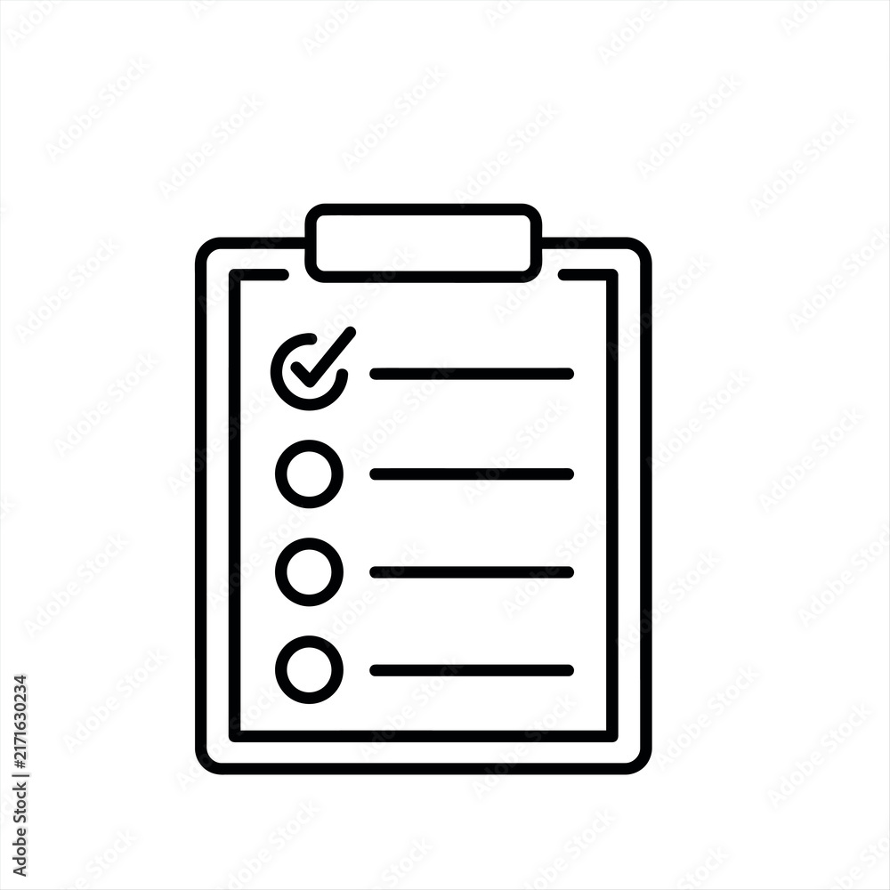 Obraz premium Black outline clipboard checklist icon with one checked item and three empty circles, conveying organization, completion, and task planning.