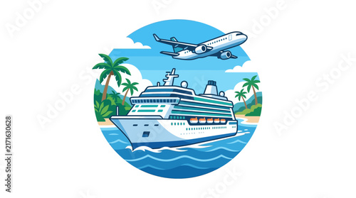 Cruise Ship and Airplane Traveling to Tropical Island Destination, Transportation Concept