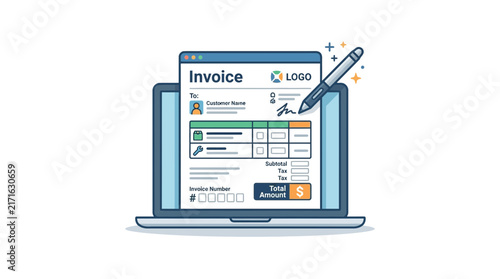 Digital Invoice Creation and Signing on Laptop Screen, Online Business Transaction Concept