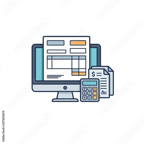 Digital Accounting Concept: Computer Monitor Displaying Financial Report with Calculator and Documents on Transparent Background