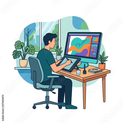 Digital artist working on computer with graphics tablet, creating colorful abstract design, isolated on transparent background
