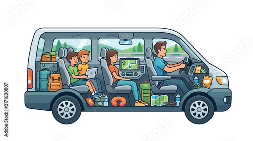 Family Road Trip Van Interior View: Parents and Kids on Vacation Journey with Luggage and Navigation