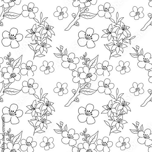 Elegant monochrome floral pattern with hand drawn lily and blossom line art on white background seamless floral pattern