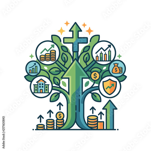Financial Growth Tree with Coins, Stock Charts, Buildings, and Shield, Isolated