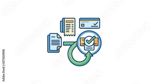 Financial Transaction Process Icon: Receipt, Invoice, Credit Card, Check, Approval Stamp, Isolated