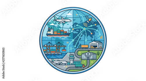 Global Logistics Network: Shipping, Air Cargo, and Warehousing Icon on Transparent Background