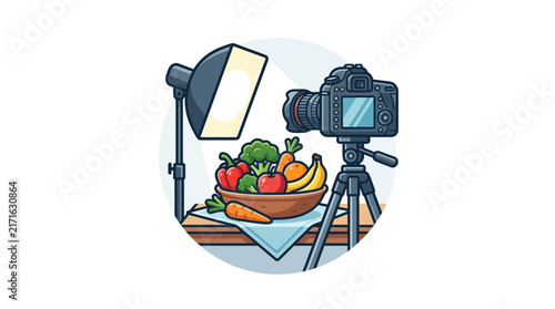 Food Photography Setup: Camera, Lighting, and Fresh Produce in Bowl Isolated