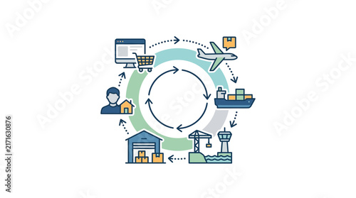 Global Supply Chain Logistics Flow Chart Vector Illustration - E-commerce, Shipping, Transport, Warehousing