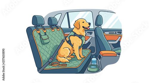 Golden Retriever dog wearing harness sits on car seat cover, ready for travel, isolated on transparent background