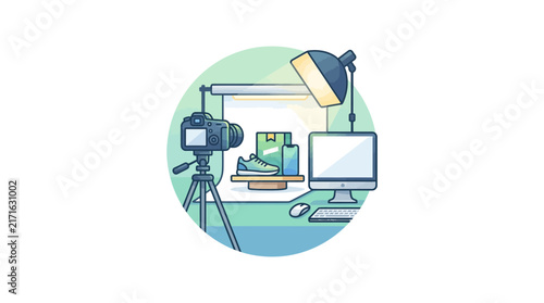 Product Photography Setup: Shoe on Turntable, Camera, Lighting, Computer. Isolated Studio Shot.