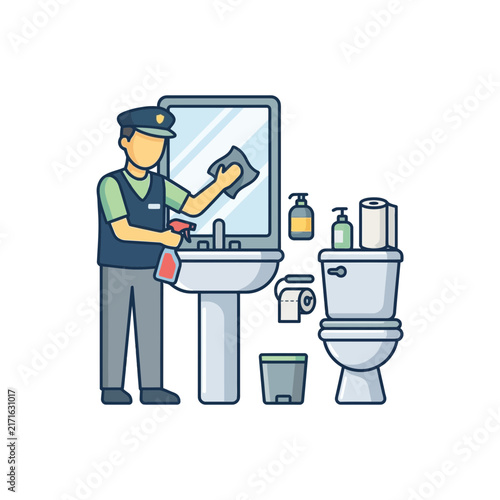 Professional cleaner sanitizing bathroom sink and mirror with spray bottle, isolated on transparent background