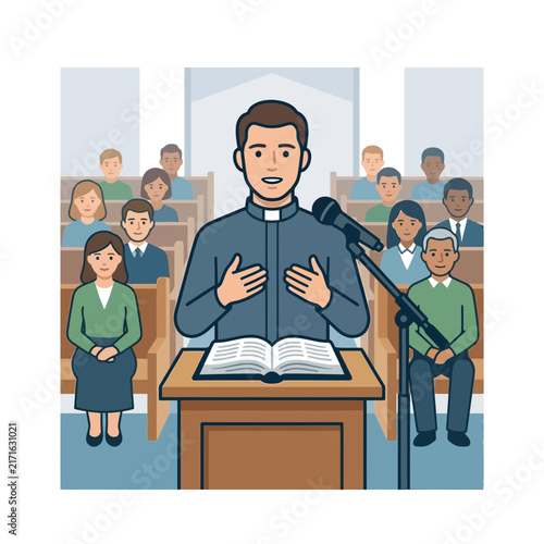 Priest Preaching Sermon from Bible to Congregation in Church