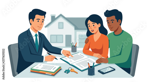 Real Estate Agent Explains Contract to Young Couple Buying a House, Isolated on Transparent Background