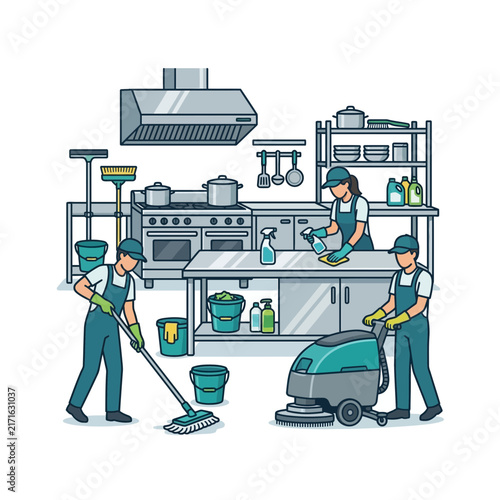Professional kitchen cleaning crew sanitizing commercial restaurant space with mops and floor machine
