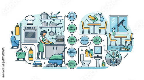 Restaurant Cleaning Process Infographic: Kitchen, Dining, Bathroom, Floor Cleaning Steps