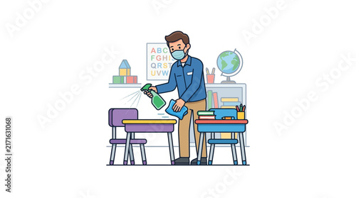 Teacher Cleaning Classroom Desks with Sanitizer Spray, Wearing Face Mask, Back to School Safety Concept