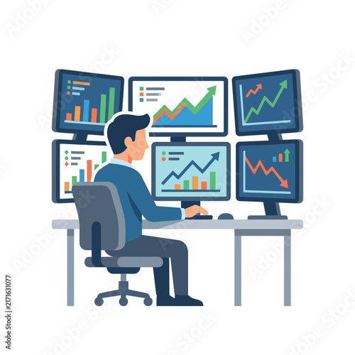 Trader monitoring stock market charts on multiple computer screens, isolated on transparent background