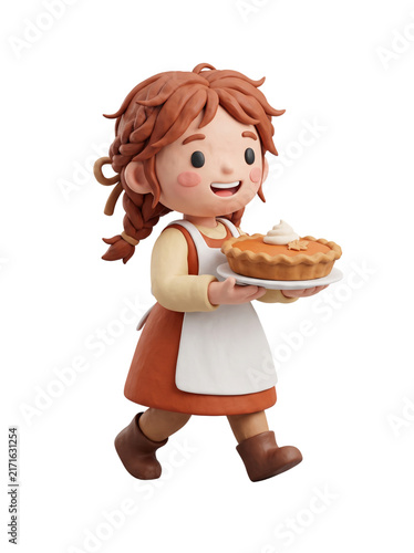 White Caucasian Female Child Baker With Red Braided Hair Wearing Apron Carrying Pumpkin Pie