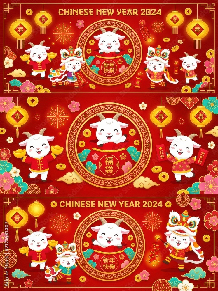 Fototapeta premium Chinese New Year 2024 Banners with Cute Cartoon Goats, Lion Dance, and Traditional Festive Elements on Red Background