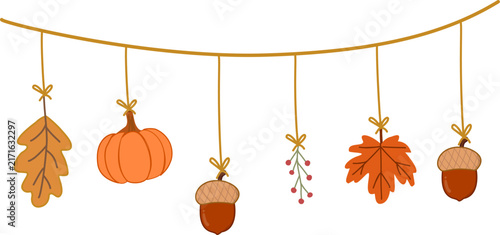 Autumn Hanging Garland with Pumpkin, Leaves and Acorns vector