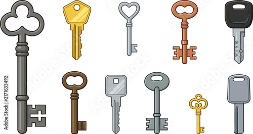 Bild auf Leinwand Vintage and Modern Key Icon Set with Antique Skeleton Keys Heart Shaped Charm Go