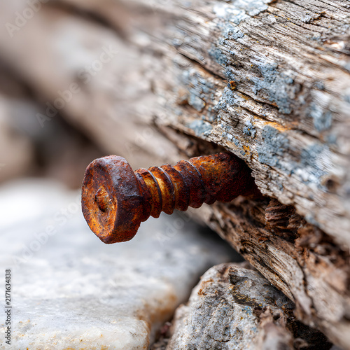 Macro close-up of a heavily rusted old metal screw protruding from weathered decaying wood