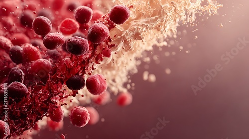 Macro view of red blood cells and abstract bodily fluid splashes against blurred background. 3D re