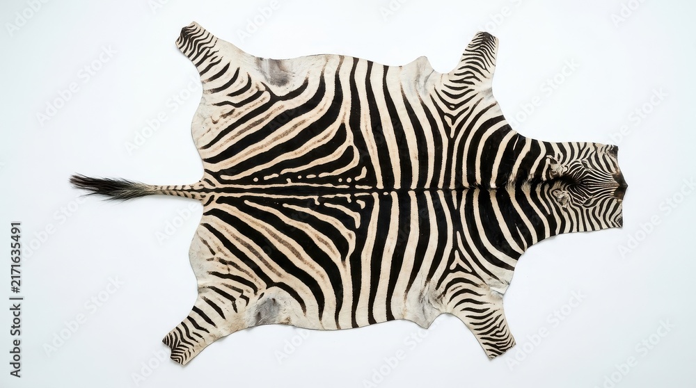 Naklejka premium Authentic Zebra Skin Rug with Tail and Head Detail Isolated on White Background for Luxury Interior Decor