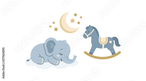 Konstfotografi A cute vector illustration of a sleeping baby elephant lying on a cloud next to a wooden rocking horse under a moon and stars