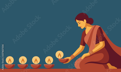 Obraz na płótnie Flat vector illustration of woman lighting decorative candles with a taper, creating a warm festive scene against dark blue background