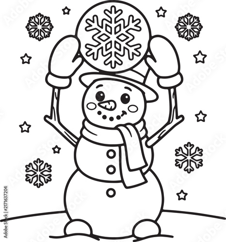 Snowman with carrot nose, coal eyes, and scarf, winter holiday theme