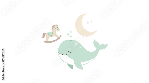 Bild auf Leinwand A cute vector illustration featuring a sleeping mint green whale, a wooden rocking horse, and a crescent moon