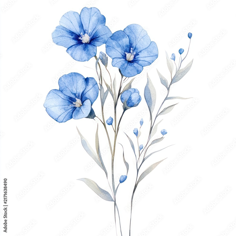 Fototapeta premium Watercolor blue wildflower flowers illustration art.