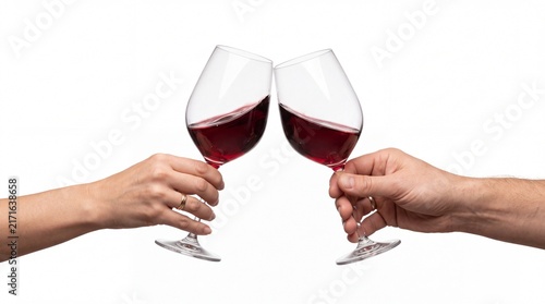 Two hands holding elegant clear crystal glasses filled with delicious red wine making a celebratory toast on white background