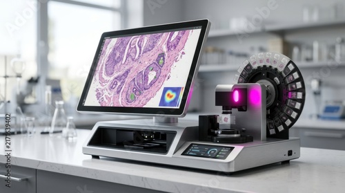 Obraz na płótnie Digital pathology microscope system analyzing tissue slides on a laboratory bench.