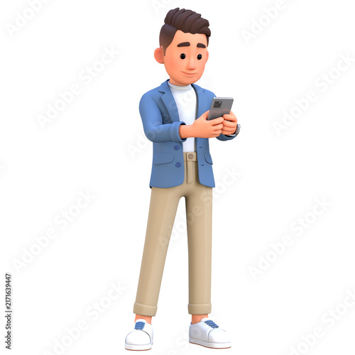 3D Modern Businessman Character Using Cell Phone