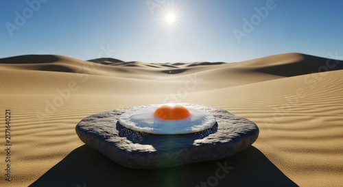 A perfect sunny side up egg sizzles on a flat sun-baked rock amidst vast golden sand dunes under a clear blue sky and a scorching sun, concept, orange, adventure