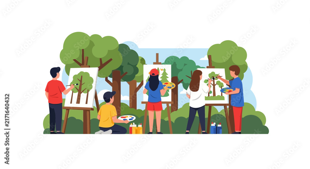 Fototapeta premium Group of people painting on easels in an outdoor forest art class