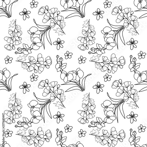 Intricate hand drawn botanical seamless pattern with elegant floral line art and blossoms on white background floral design elements 