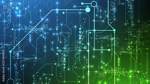 Abstract vector background of digital circuit board with glowing lines and binary code