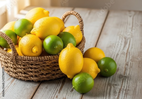 A rustic wicker basket overflowing with fresh yellow lemons and bright green limes rests on a textured wooden table in soft natural light, texture, raw, group