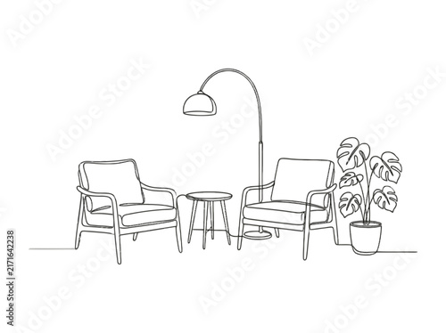 Living room furniture sketch with chairs and floor lamp isolated on transparent background, Vector