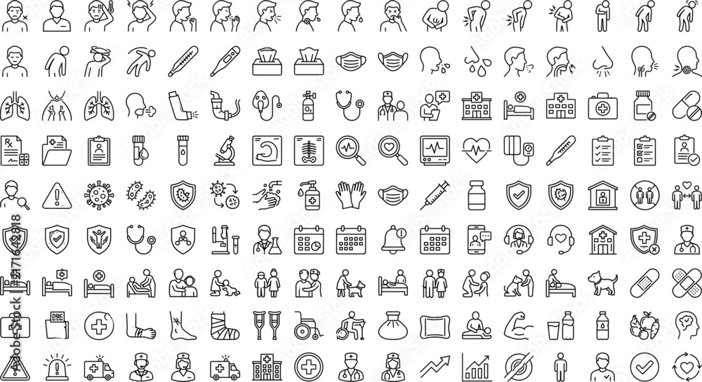 Fototapeta premium Medical healthcare and anatomy icon set featuring symptoms, diagnosis, treatment, doctors, medicine, hospital, organs, wellness and clinical care