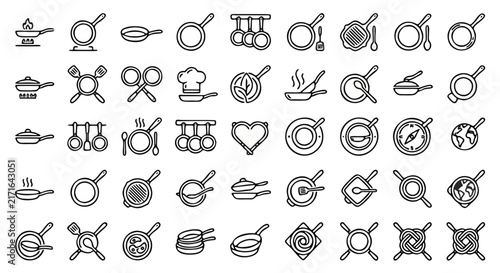Minimalist frying pan icon set, 45 kitchen cookware line vectors, professional chef equipment symbols for restaurant menus and culinary apps