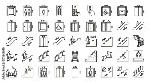 Elevator and escalator line icons set, 40 building navigation symbols, stairs and lift vector illustrations for wayfinding signage