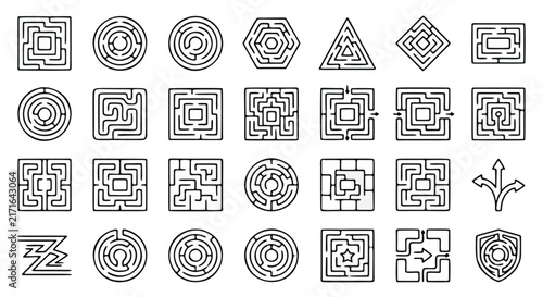 Geometric maze icon set, 28 linear labyrinth vector elements. Minimalist puzzle symbols for gaming and logic concepts. Black line art maze collection.