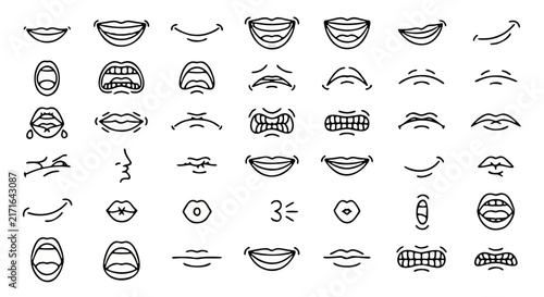 Minimalist mouth line icons, collection of 42 cartoon facial expressions. Black outline lip and smile vector set for character design.